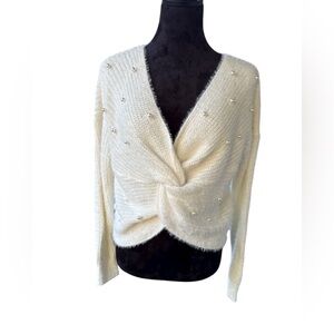 Chic White Pearl Embellished Twist Front Sweater Soft Knit LG Trendy Cozy Winter